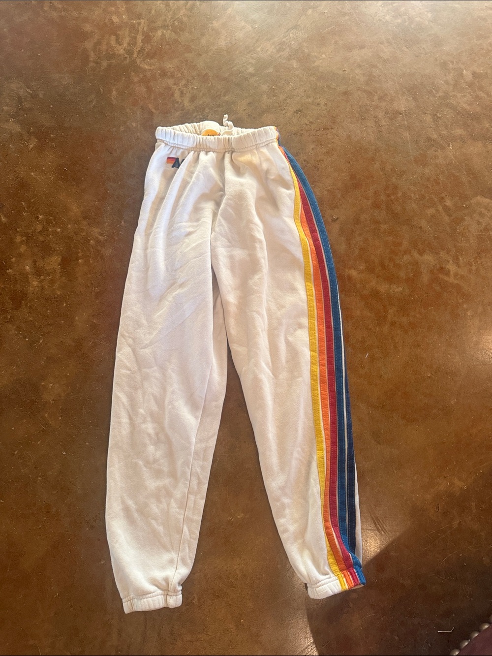 Aviator Nation White Joggers with Rainbow Side Stripes